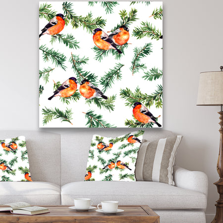 Robin Birds On Pine Branch - Animals Gallery-wrapped Canvas