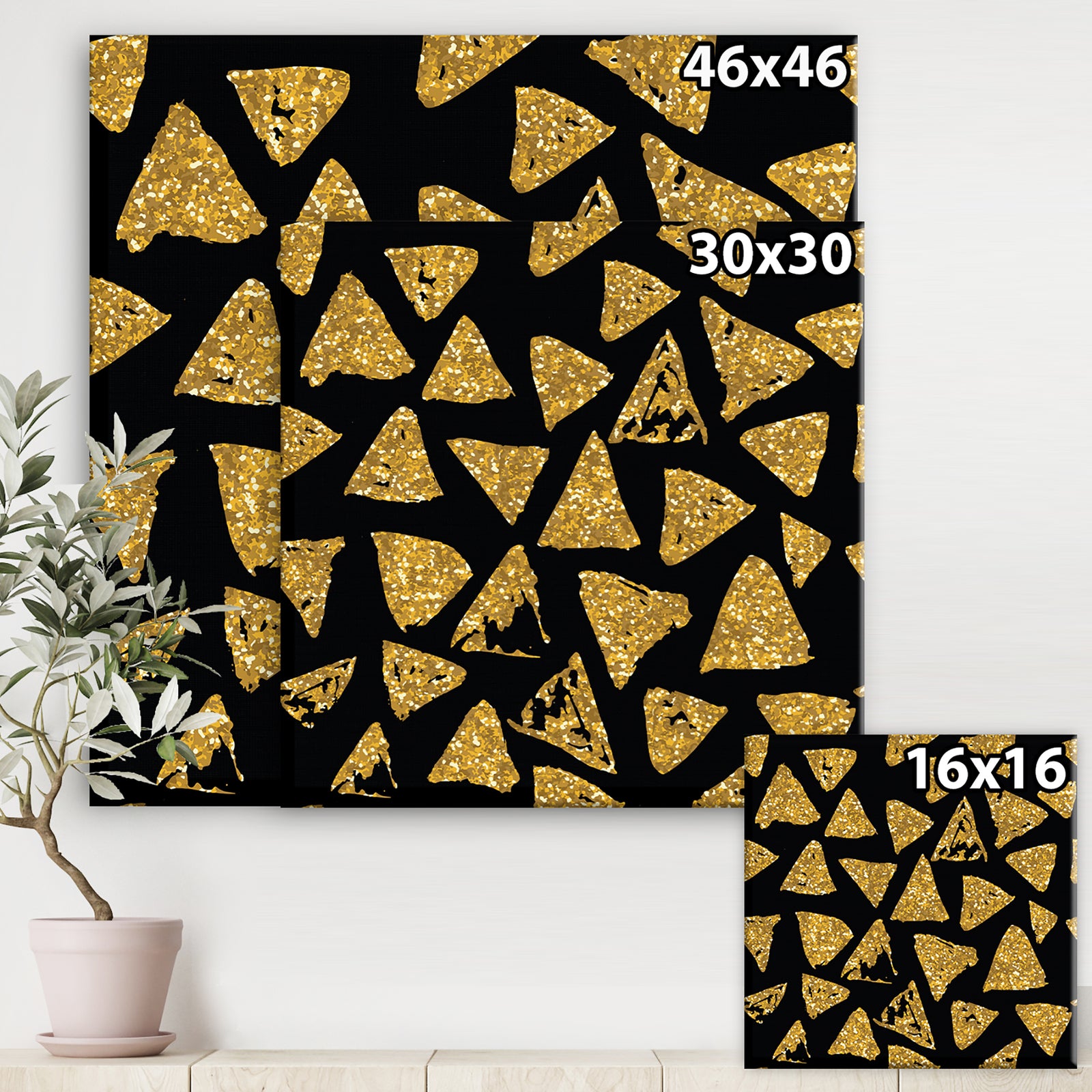 Golden Glitter Triangles on Black Background - Modern & Contemporary Canvas Artwork
