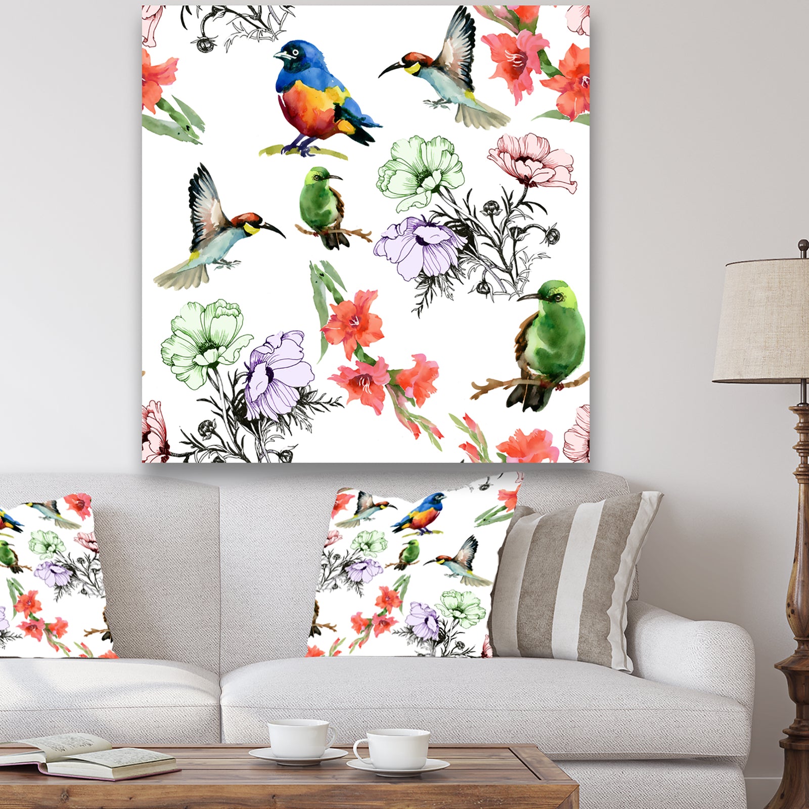 Hummingburds and Blosssoming Drawn Flowers - Floral Gallery-wrapped Canvas