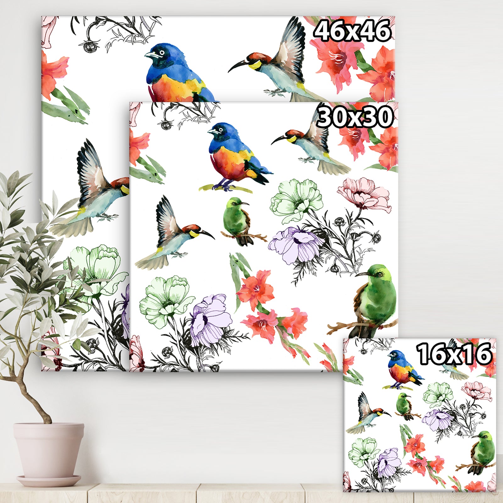 Hummingburds and Blosssoming Drawn Flowers - Floral Gallery-wrapped Canvas