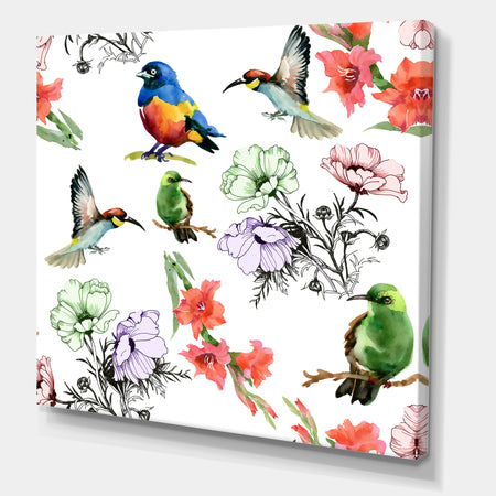Hummingburds and Blosssoming Drawn Flowers - Floral Gallery-wrapped Canvas