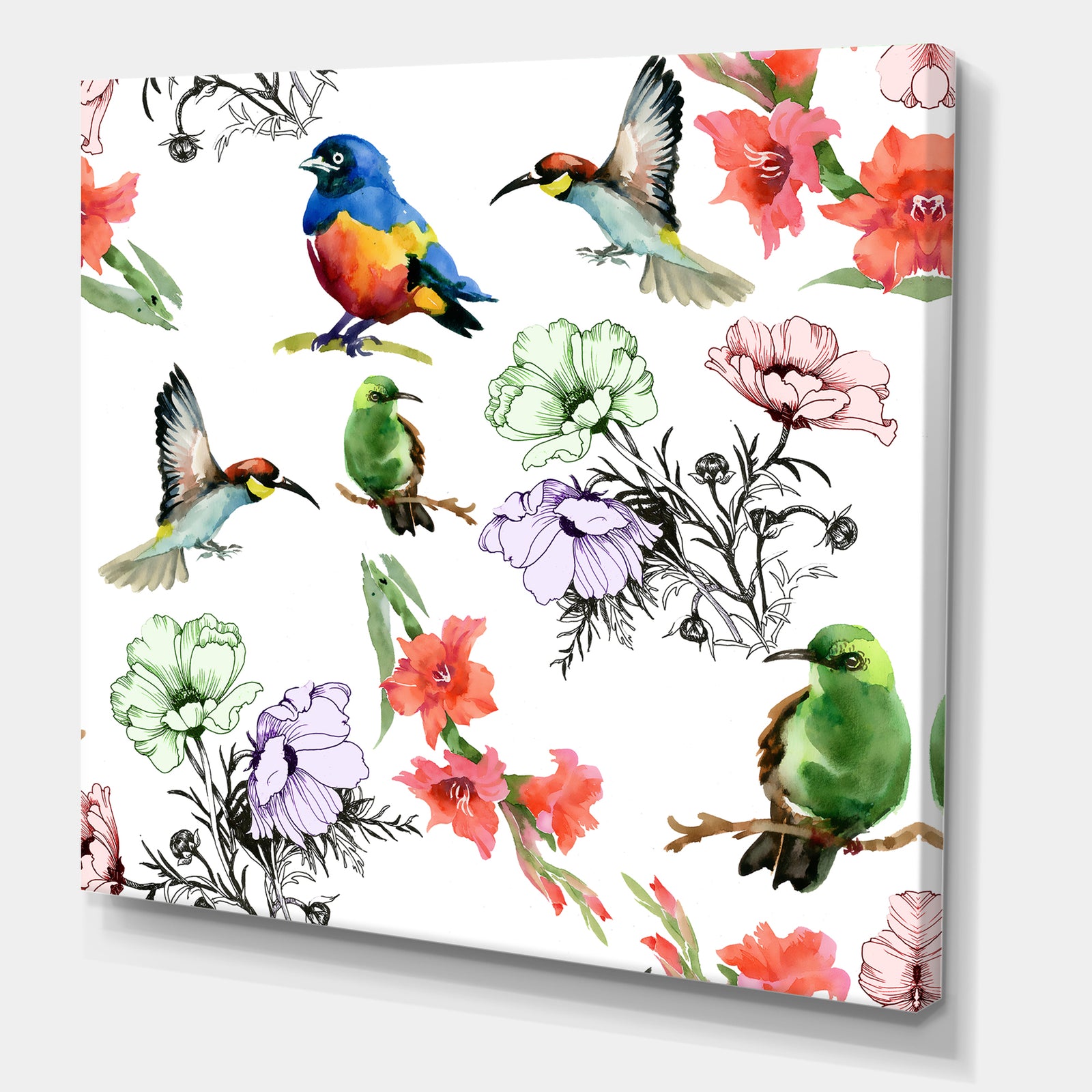 Hummingburds and Blosssoming Drawn Flowers - Floral Gallery-wrapped Canvas