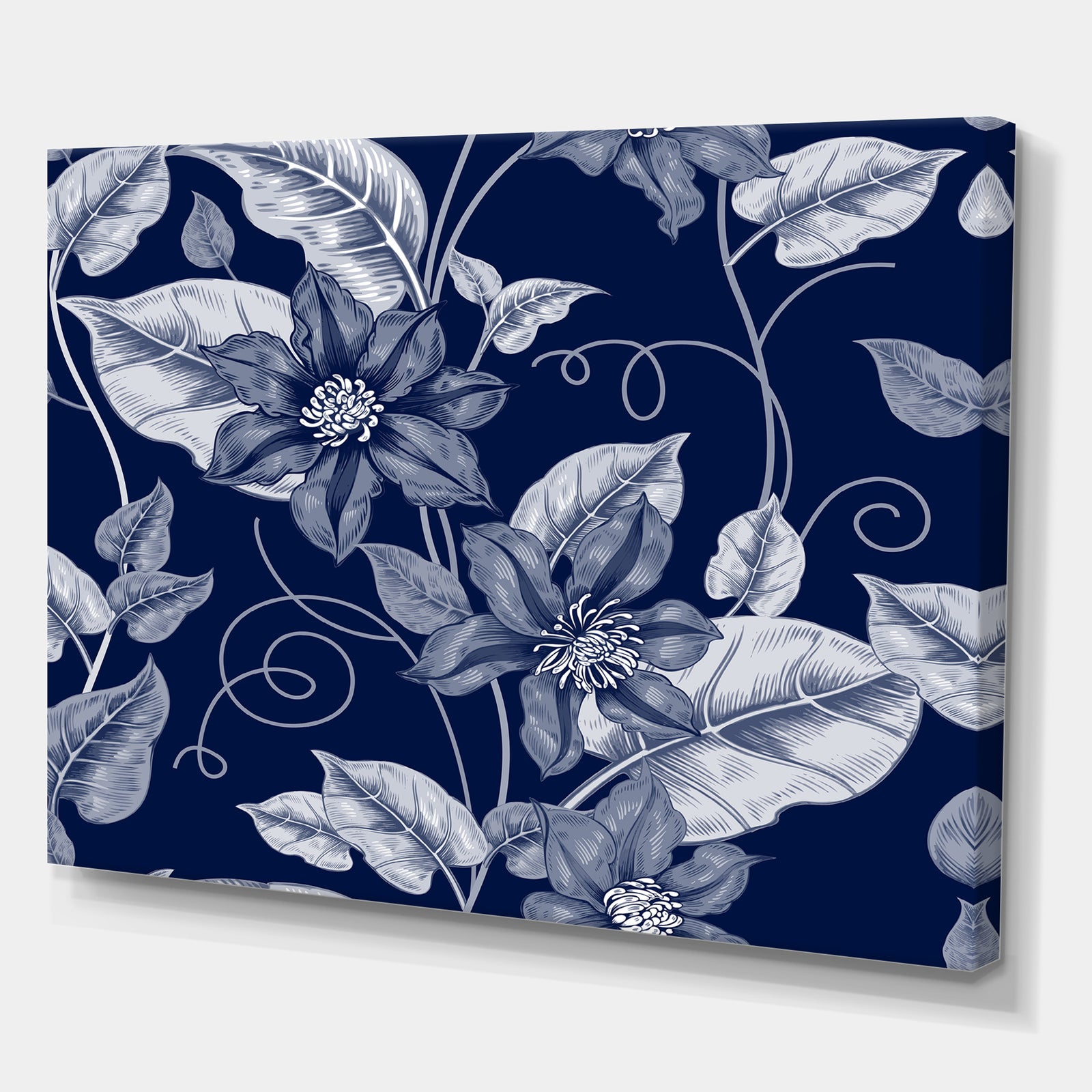 Black and white pattern with flowers clematis. - Cottage Canvas Wall Art