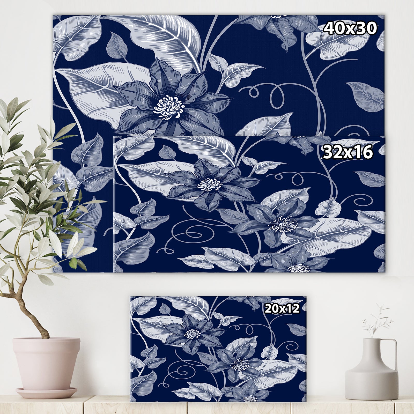 Black and white pattern with flowers clematis. - Cottage Canvas Wall Art