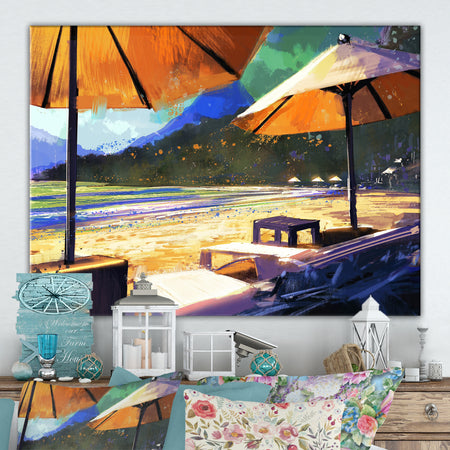 Sun umbrellas and loungers on beach - Cottage Canvas Wall Art