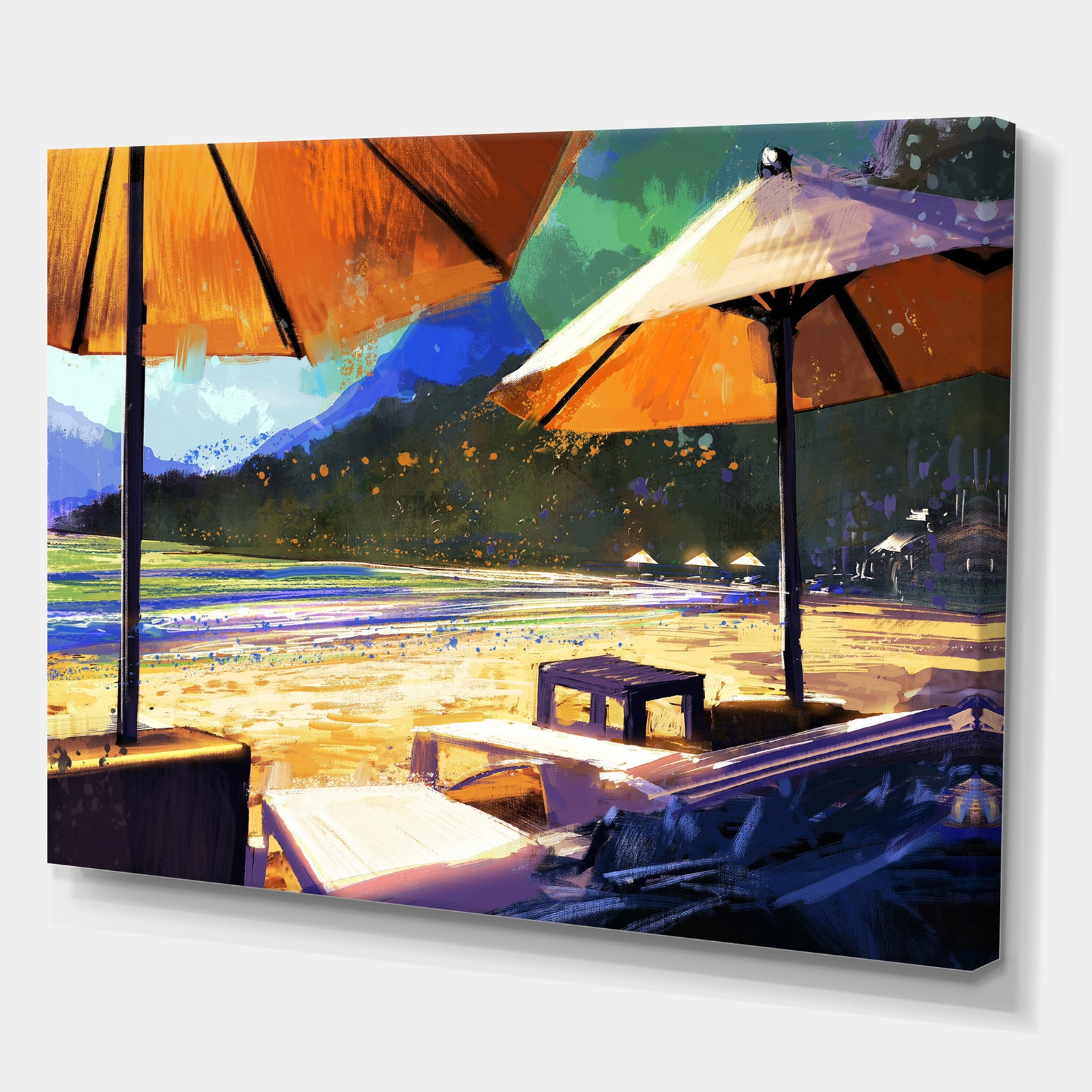 Sun umbrellas and loungers on beach - Cottage Canvas Wall Art