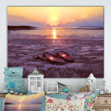 Flip flops with lovely hearts on the beach at sunset - Cottage Canvas Wall Art