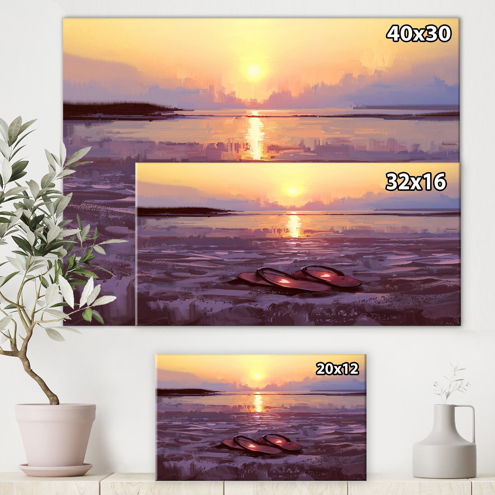 Flip flops with lovely hearts on the beach at sunset - Cottage Canvas Wall Art