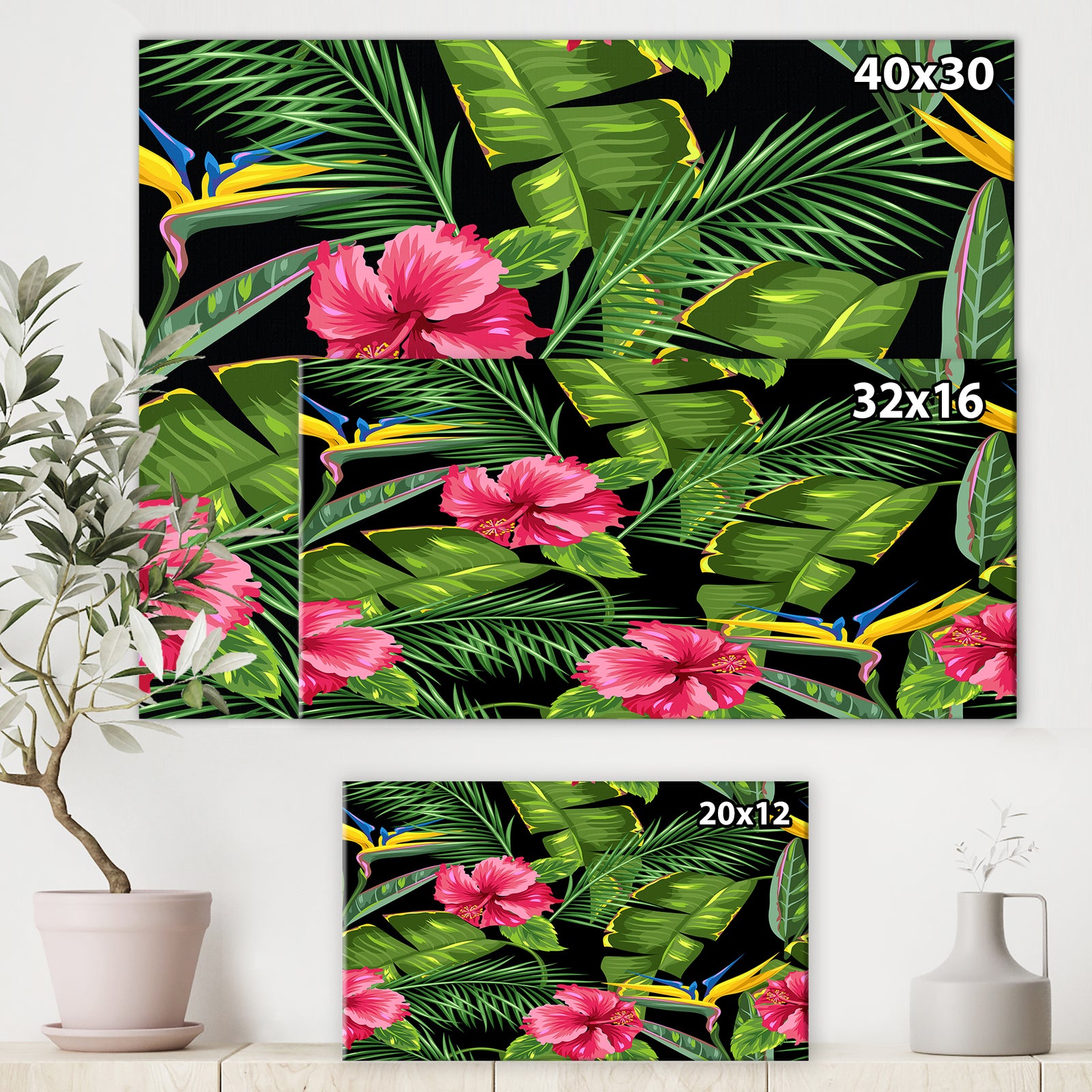 Seamless pattern with tropical leaves and flowers - Tropical Canvas Wall Art