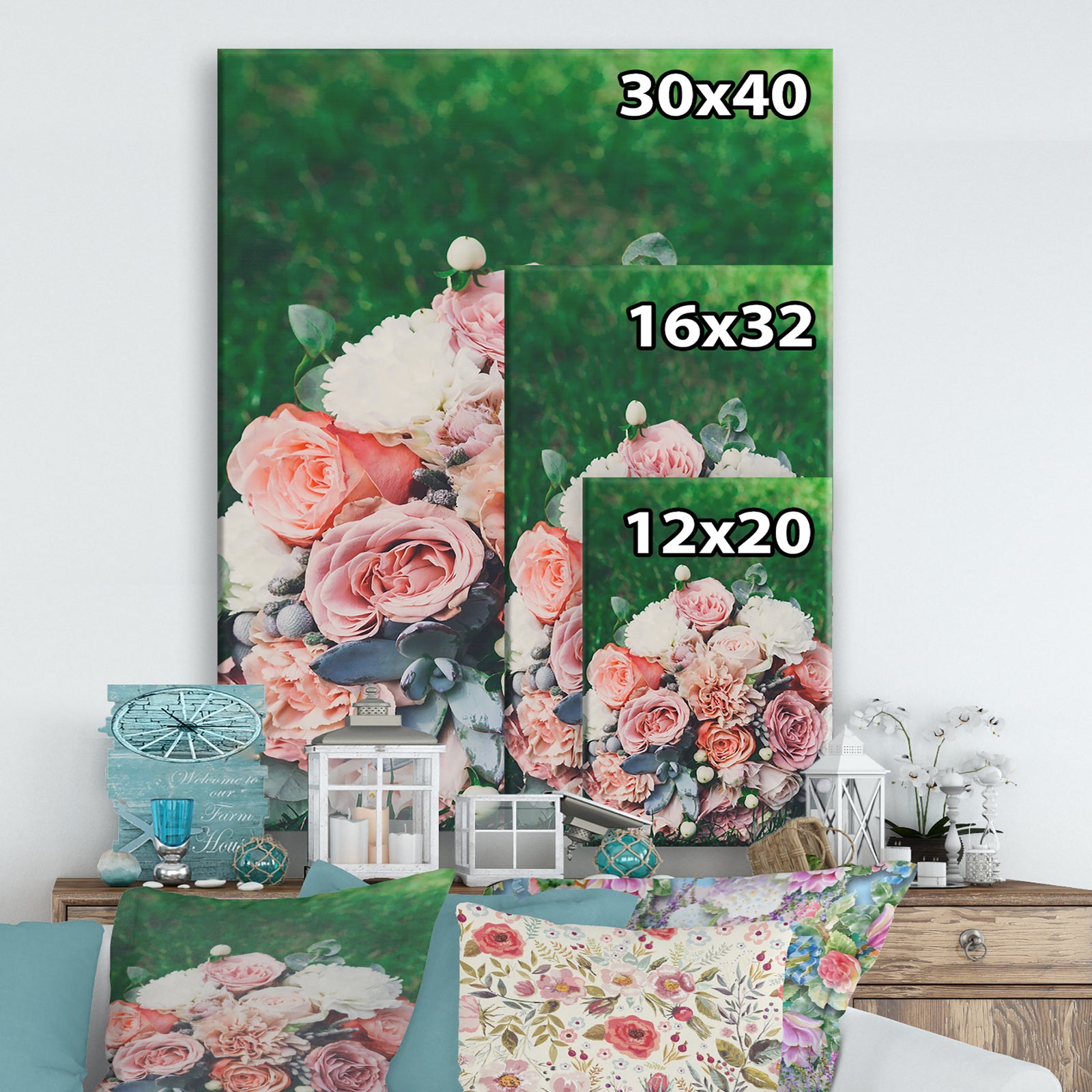 Wedding bouquet on grass - Cottage Canvas Wall Art