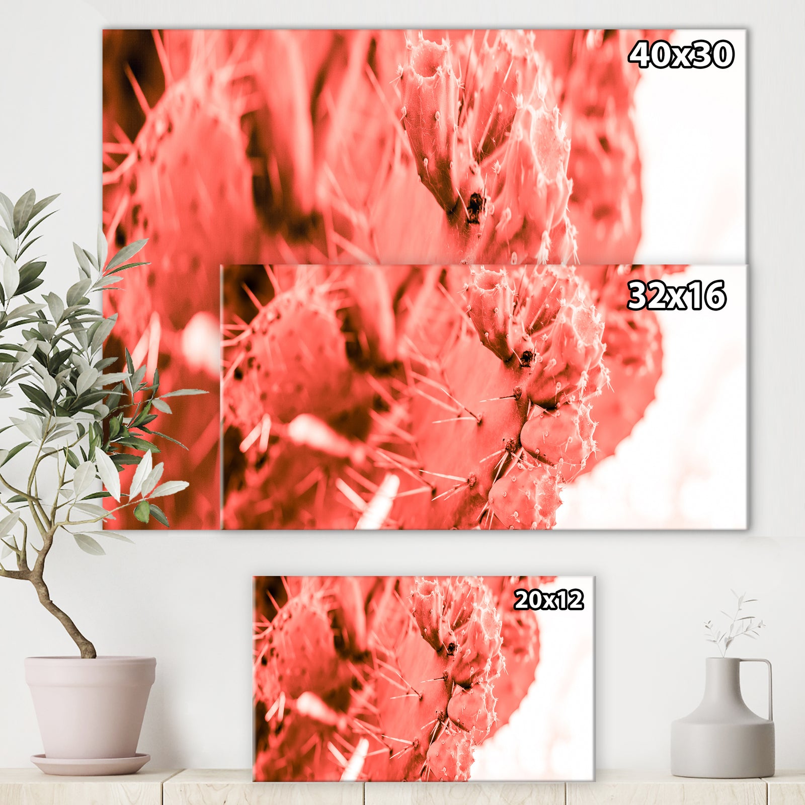 Succulent cactus plant toned in living coral color - Tropical Canvas Wall Art