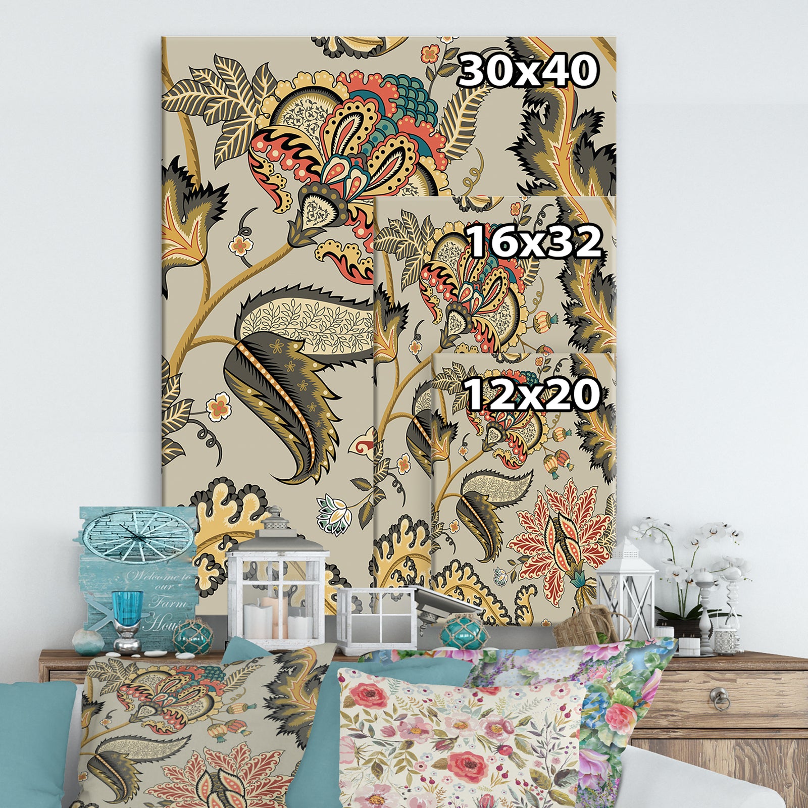 Vintage indian floral pattern - Cottage Canvas Wall Art