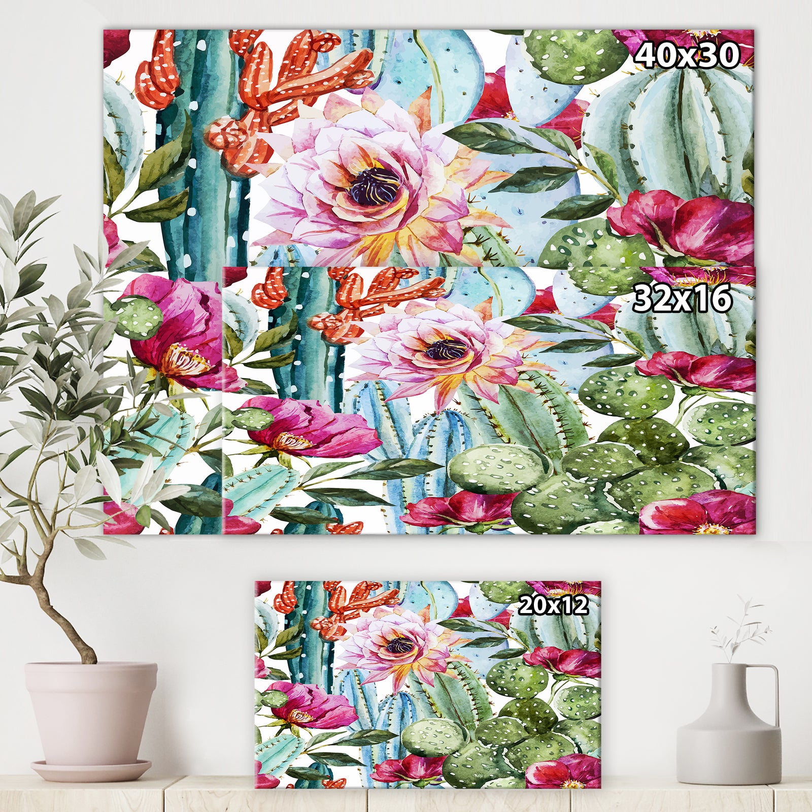 Watercolor cactus pattern - Tropical Canvas Wall Art