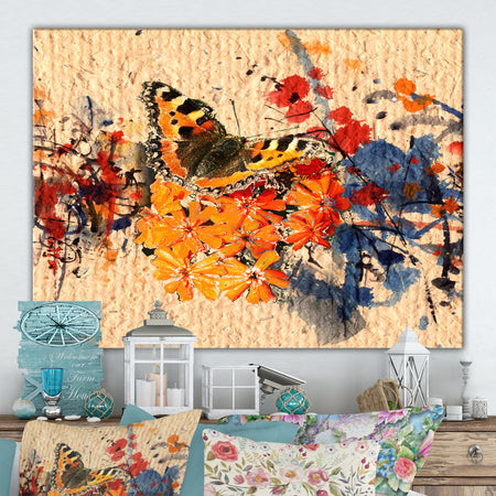Butterfly and watercolor painting on paper - Cottage Canvas Wall Art