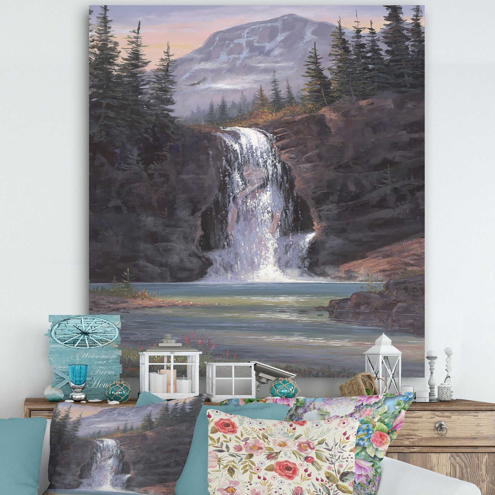 Waterfall Mountain Afternoon - Traditional Canvas Art Print