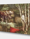 The Moose And The Man With THe Red Canoe - Traditional Canvas Art Print