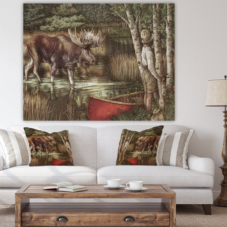 The Moose And The Man With THe Red Canoe - Traditional Canvas Art Print
