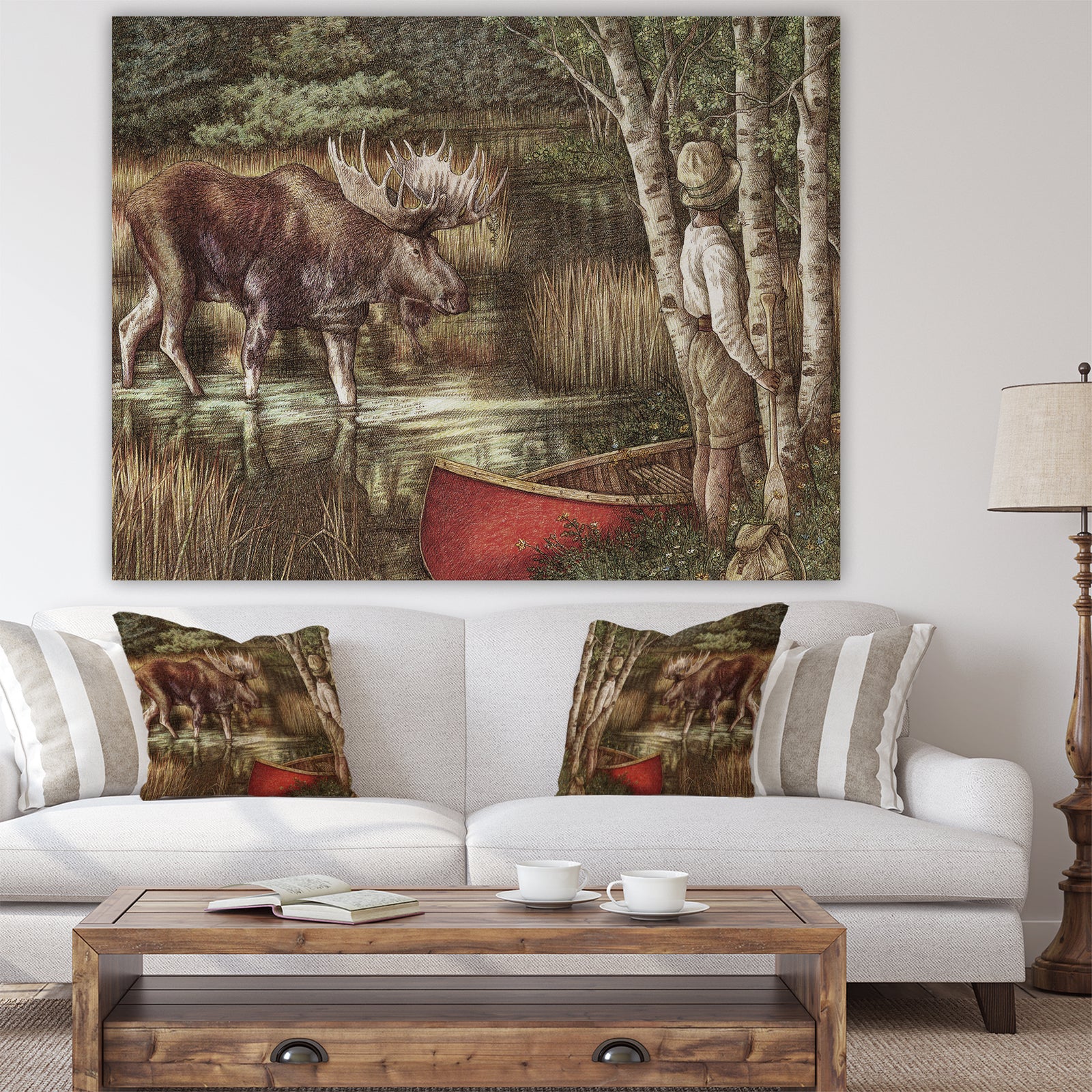 The Moose And The Man With THe Red Canoe - Traditional Canvas Art Print