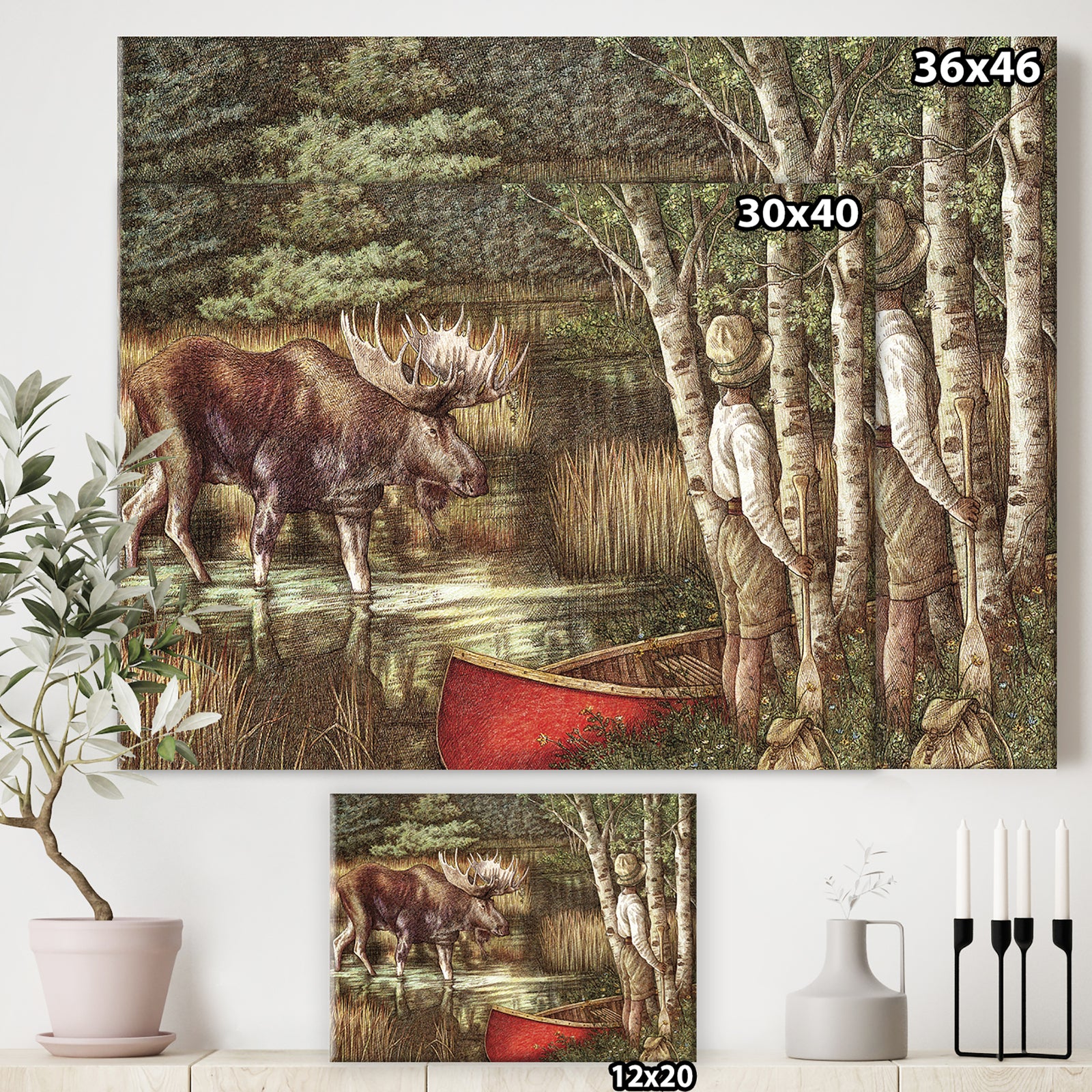 The Moose And The Man With THe Red Canoe - Traditional Canvas Art Print