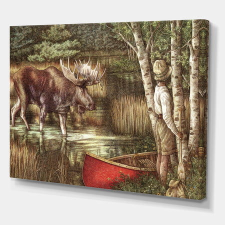 The Moose And The Man With THe Red Canoe - Traditional Canvas Art Print