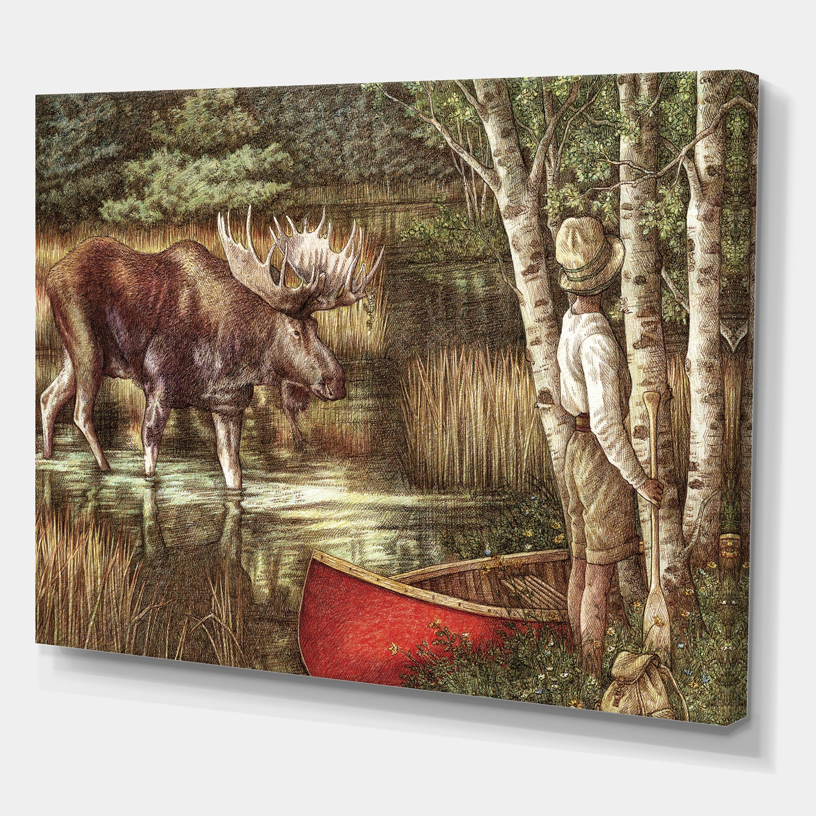 The Moose And The Man With THe Red Canoe - Traditional Canvas Art Print
