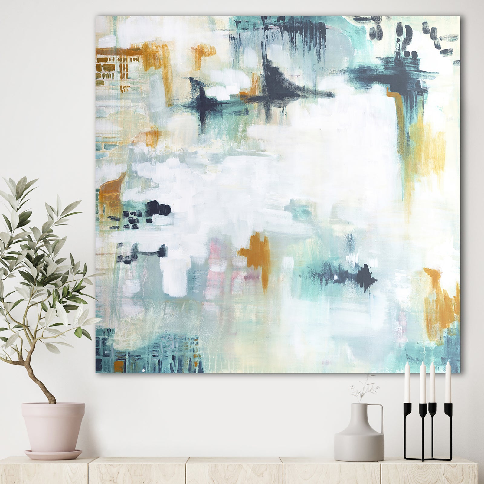 Teal And White Composition - Modern & Contemporary Gallery-wrapped Canvas