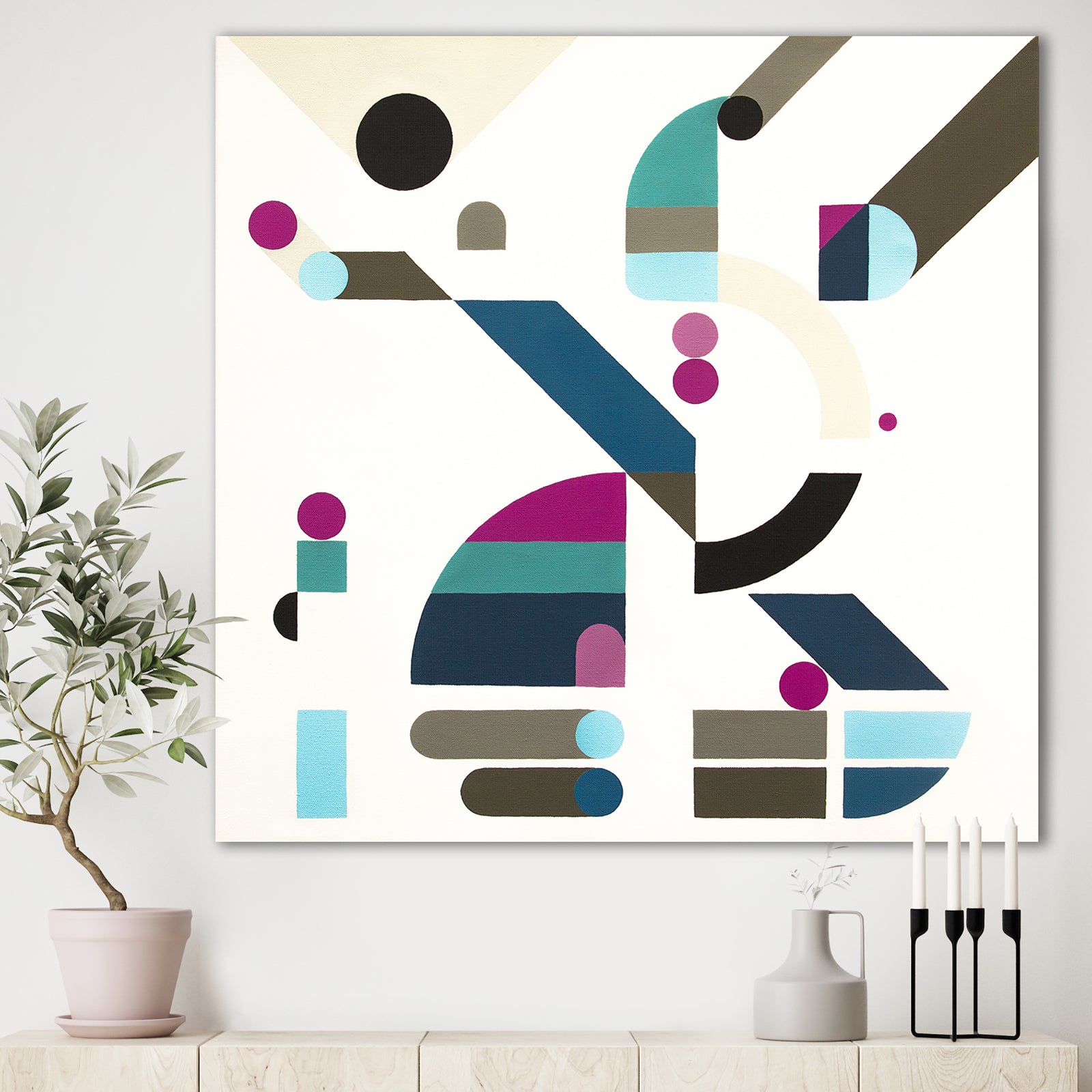Circe Composition in Pink Green And Black III - Mid-Century Modern Gallery-wrapped Canvas