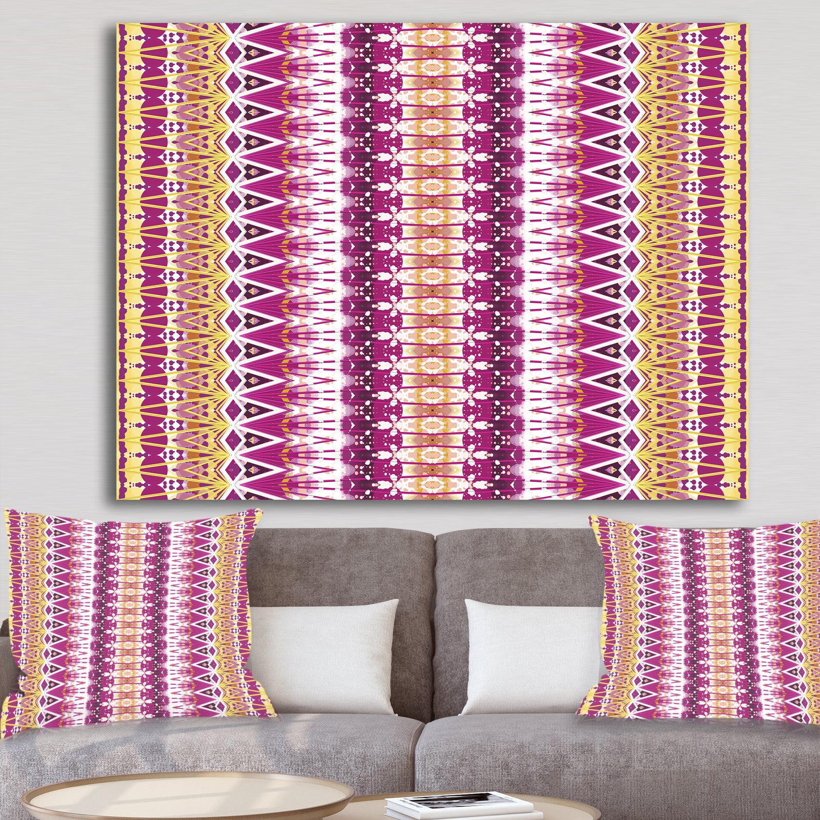 Yellow And Purple Triangular Pattern - Mid-Century Modern Canvas Wall Art