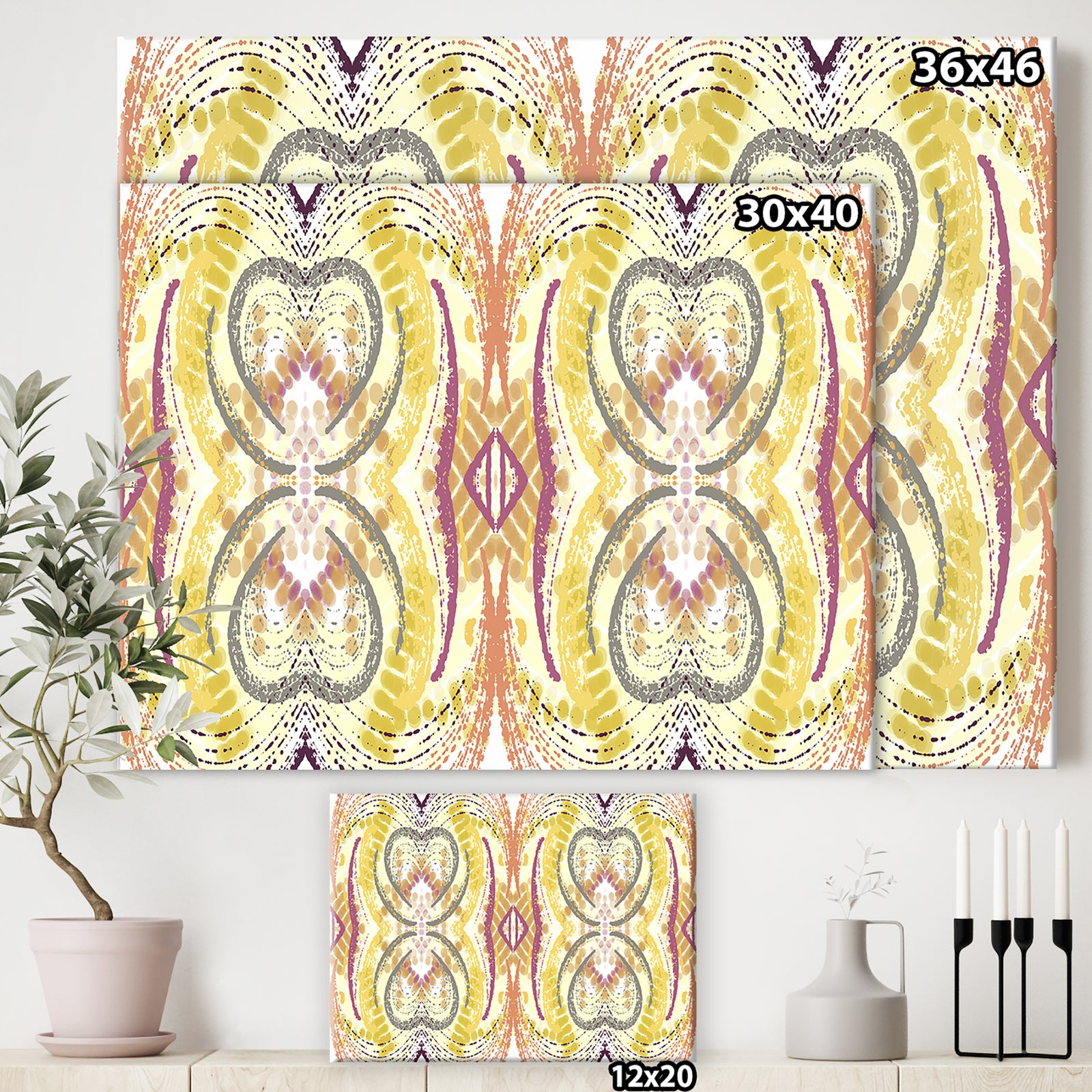 Yellow And Purple Heart Pattern - Mid-Century Modern Canvas Art Print