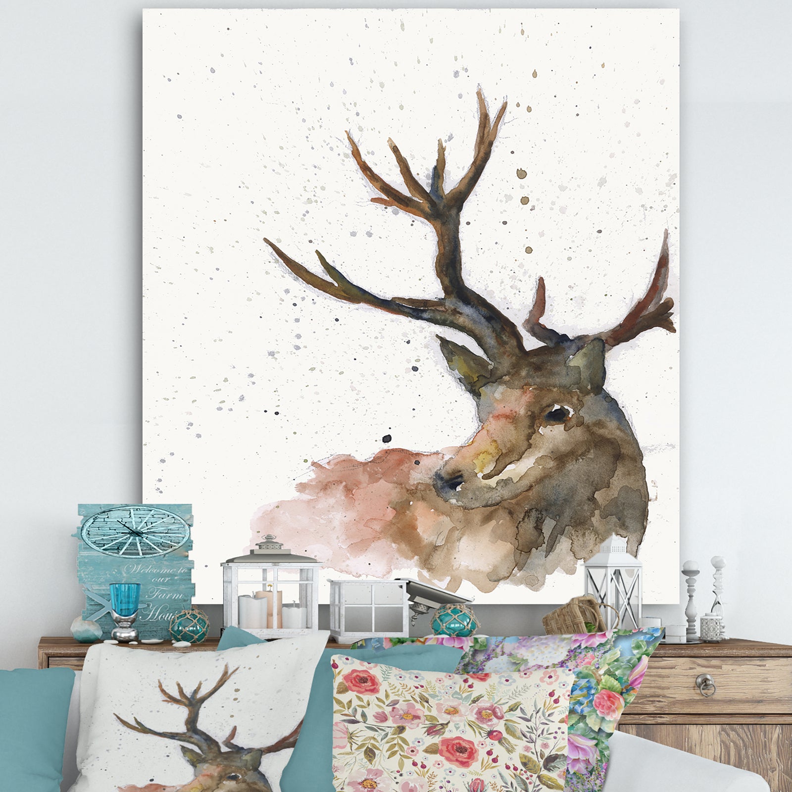 Deer on White - Cottage Canvas Wall Art