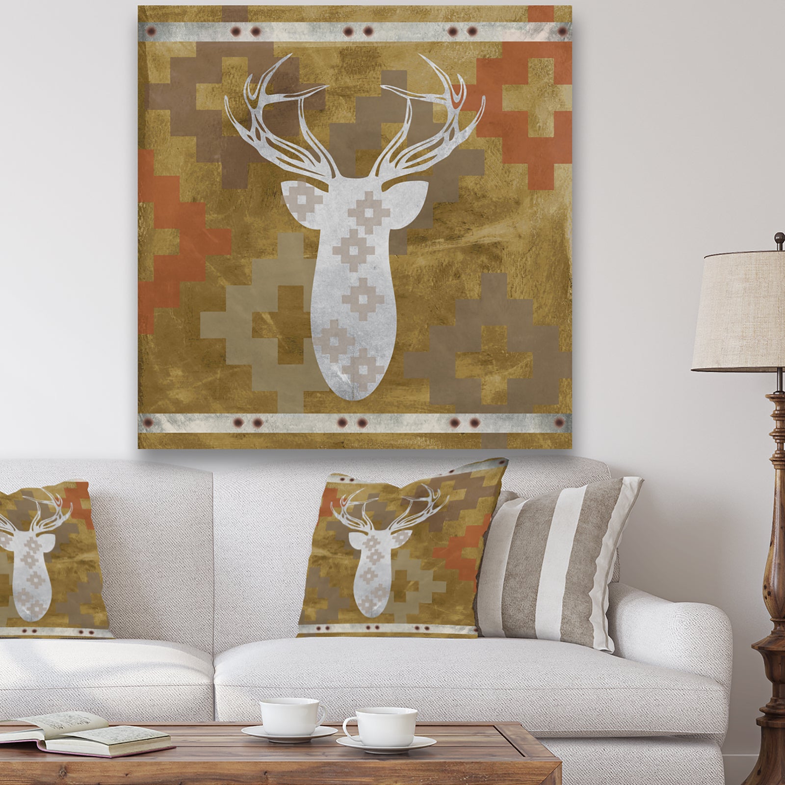 Patterned White Deer Head - Traditional Canvas Art Print