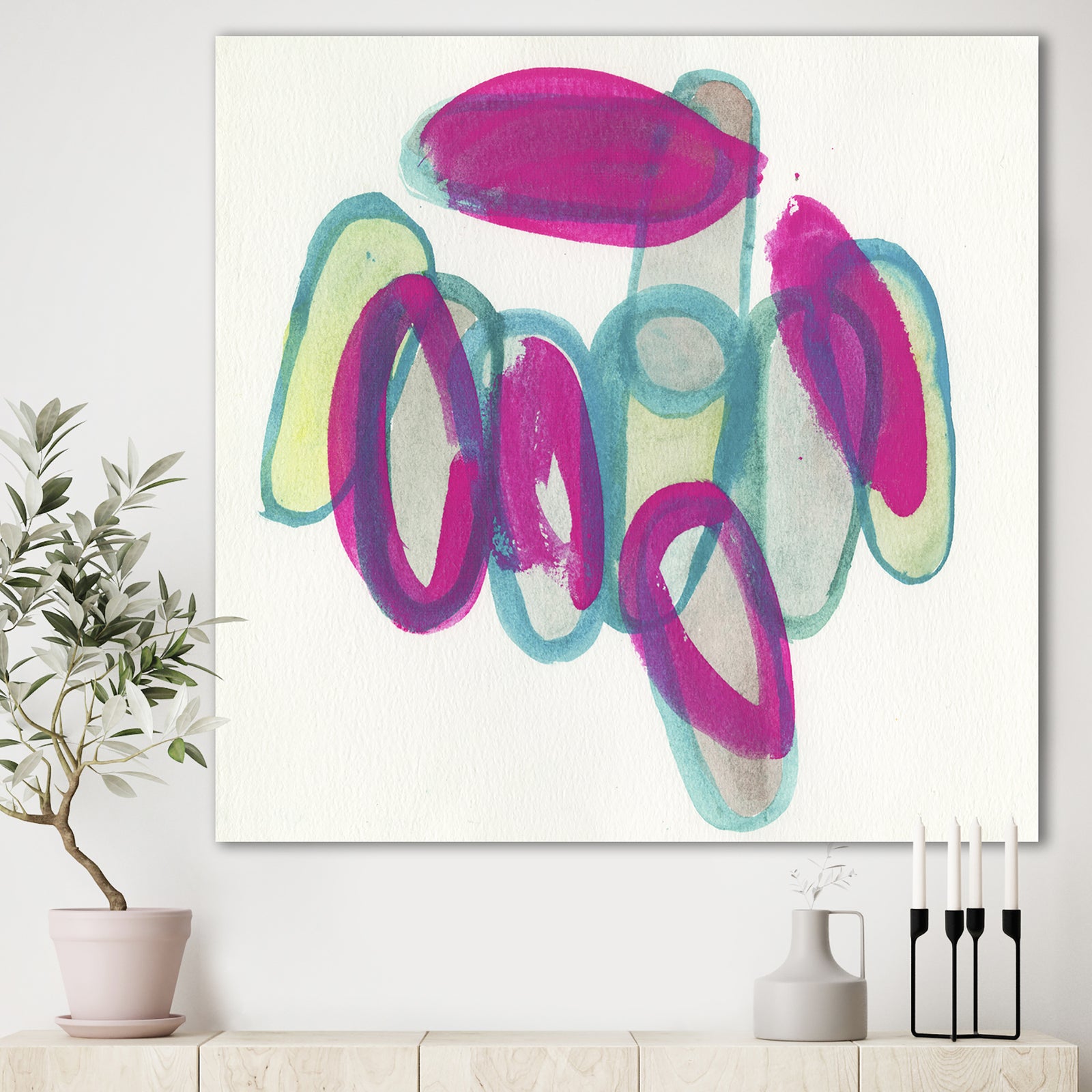 Fuchsia And Blue Scribble I - Mid-Century Modern Premium Canvas Wall Art