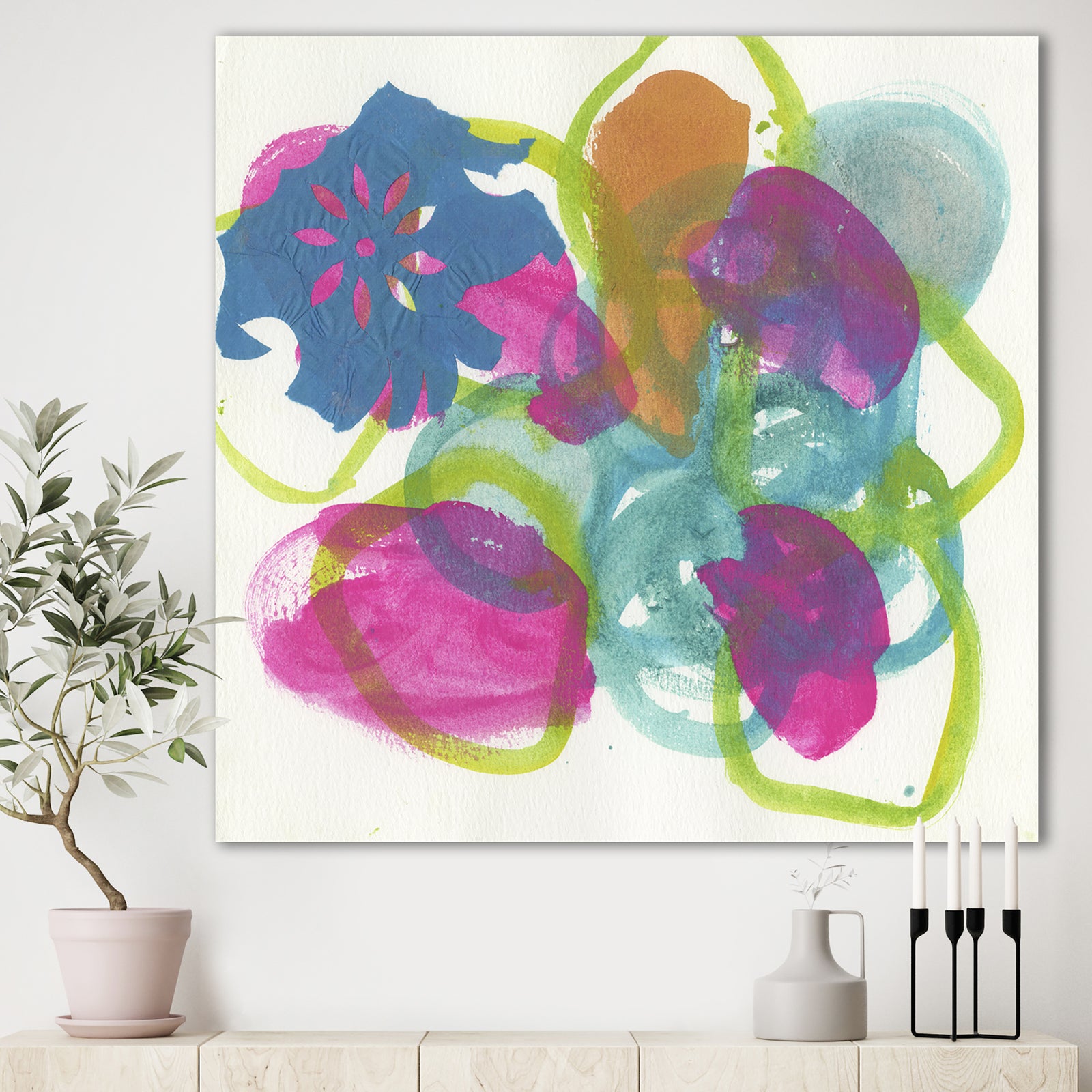 Fuchsia And Blue Scribble II - Mid-Century Modern Canvas Wall Art