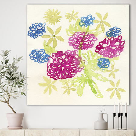 Purple and Blue Dahlias In The Green - Mid-Century Modern Premium Canvas Wall Art