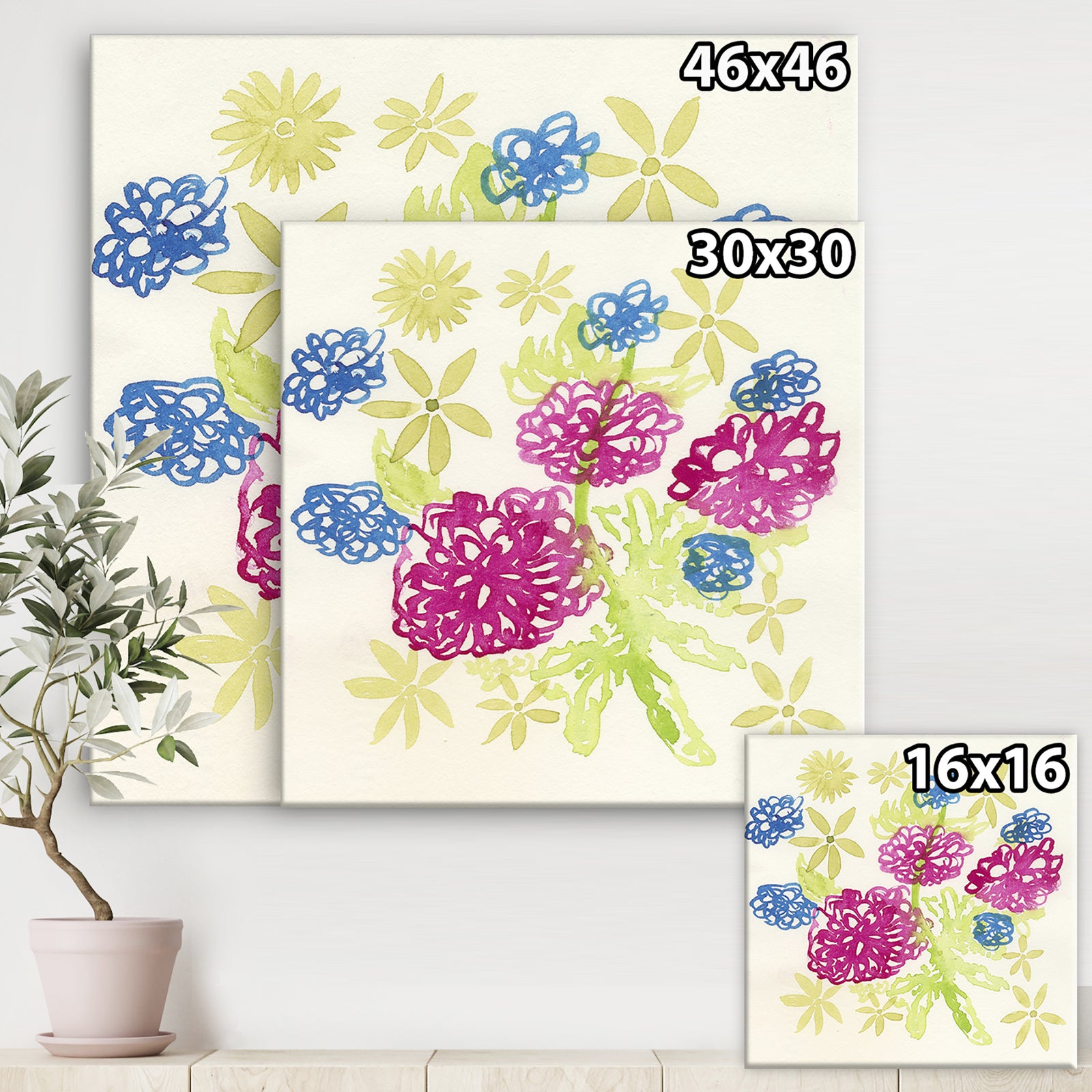 Purple and Blue Dahlias In The Green - Mid-Century Modern Premium Canvas Wall Art