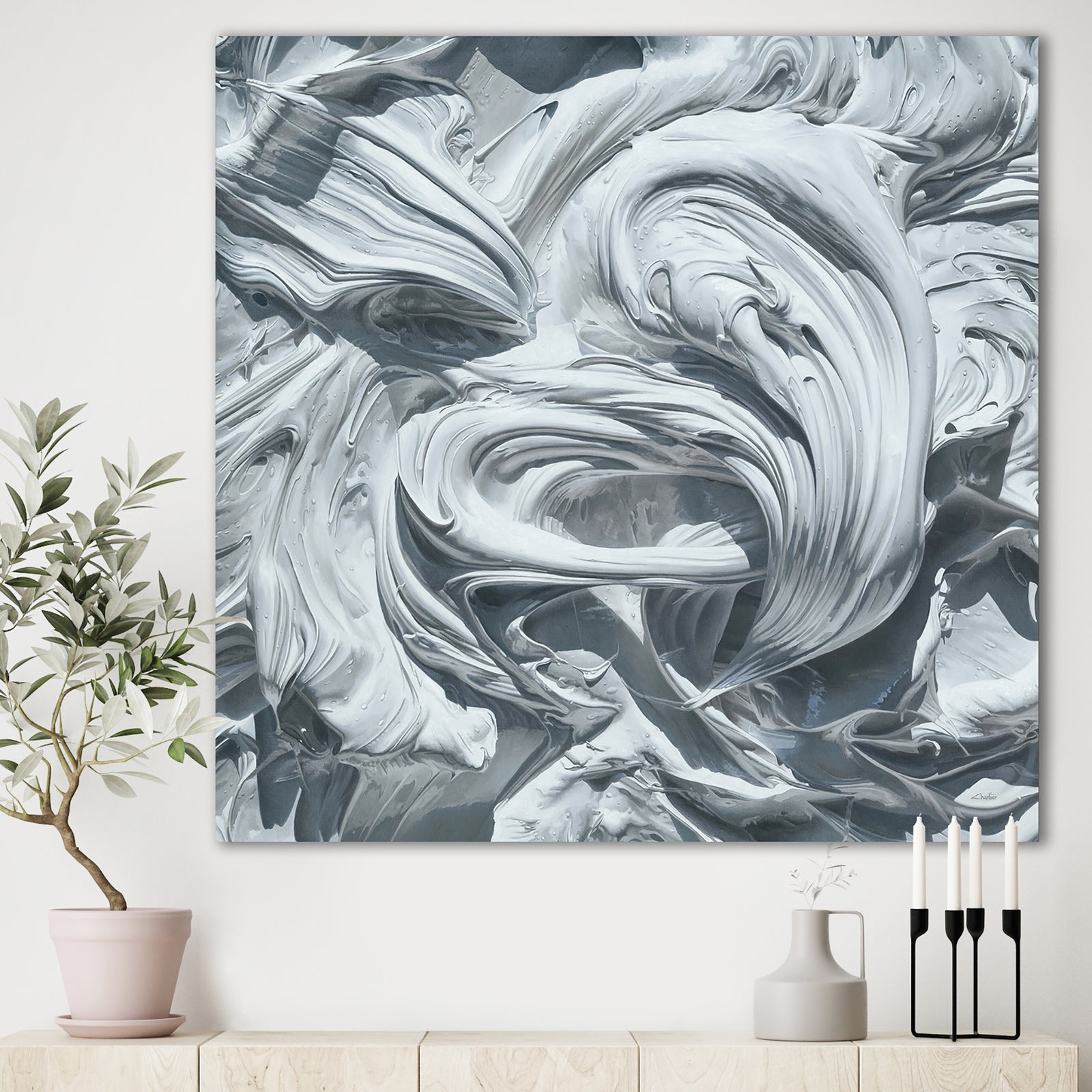 Waves of White Gray Paint - Modern & Contemporary Premium Canvas Wall Art