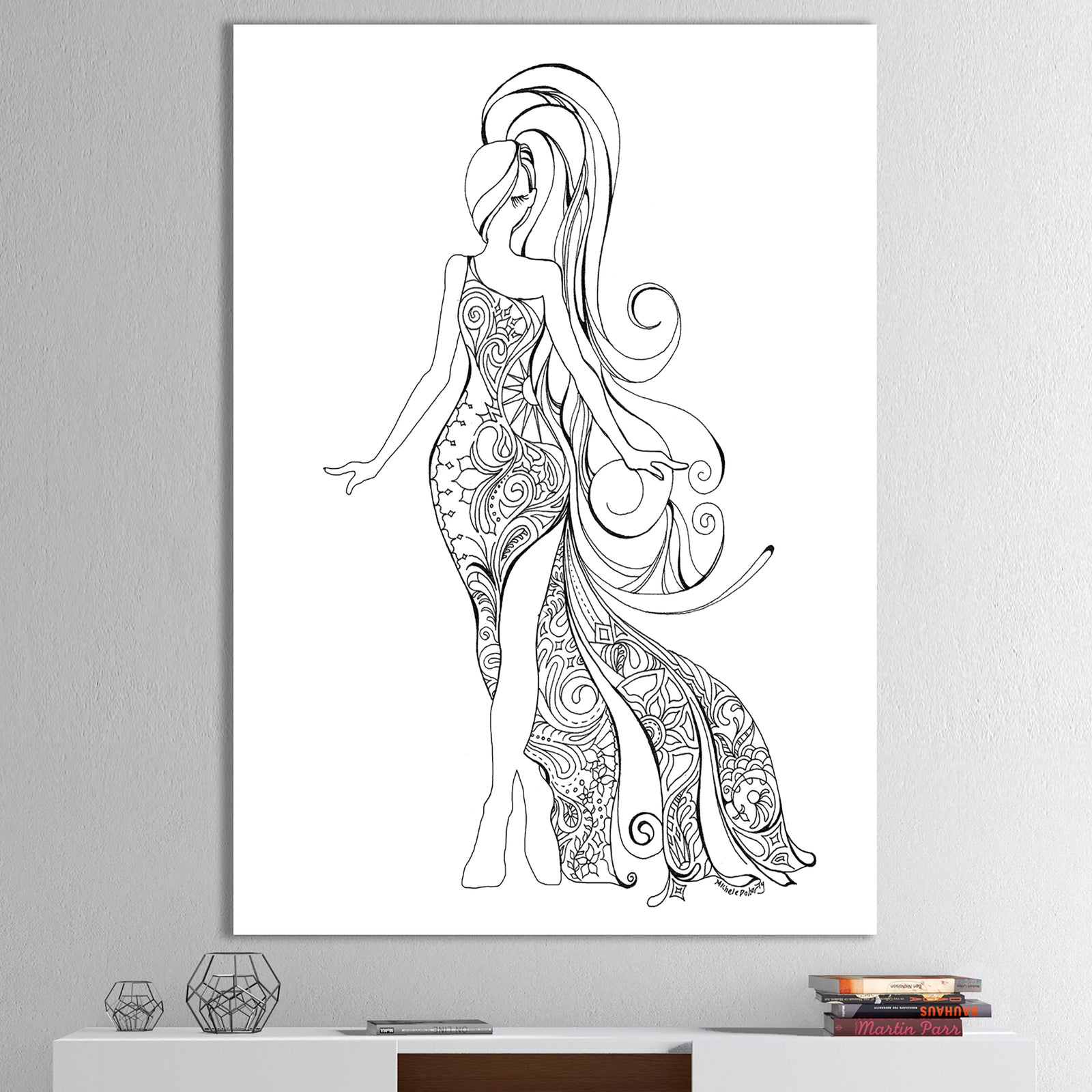 Handdrawn Stylish Woman in Beautiful Dress - Modern & Contemporary Canvas Artwork