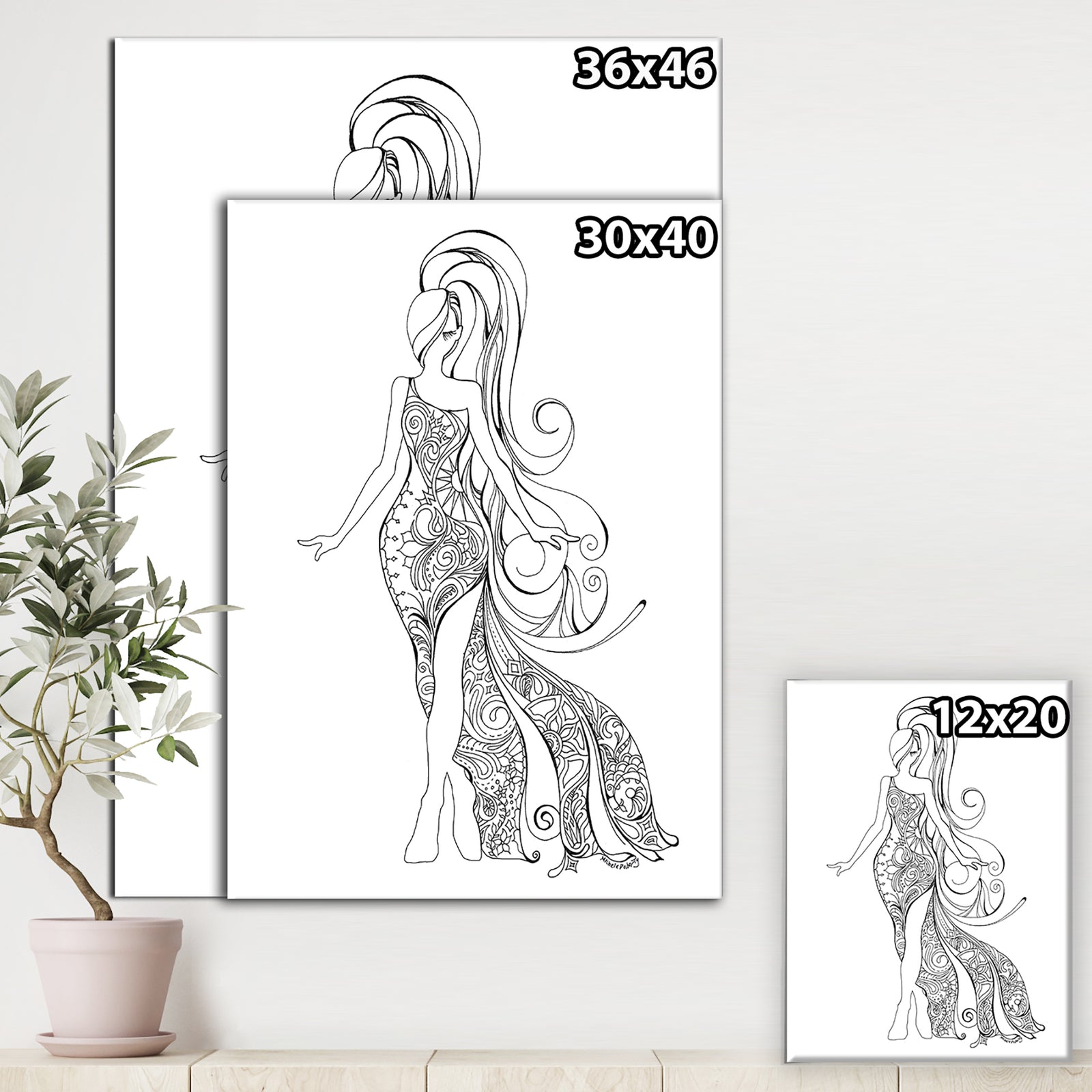 Handdrawn Stylish Woman in Beautiful Dress - Modern & Contemporary Canvas Artwork