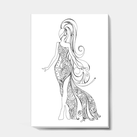 Handdrawn Stylish Woman in Beautiful Dress - Modern & Contemporary Canvas Artwork