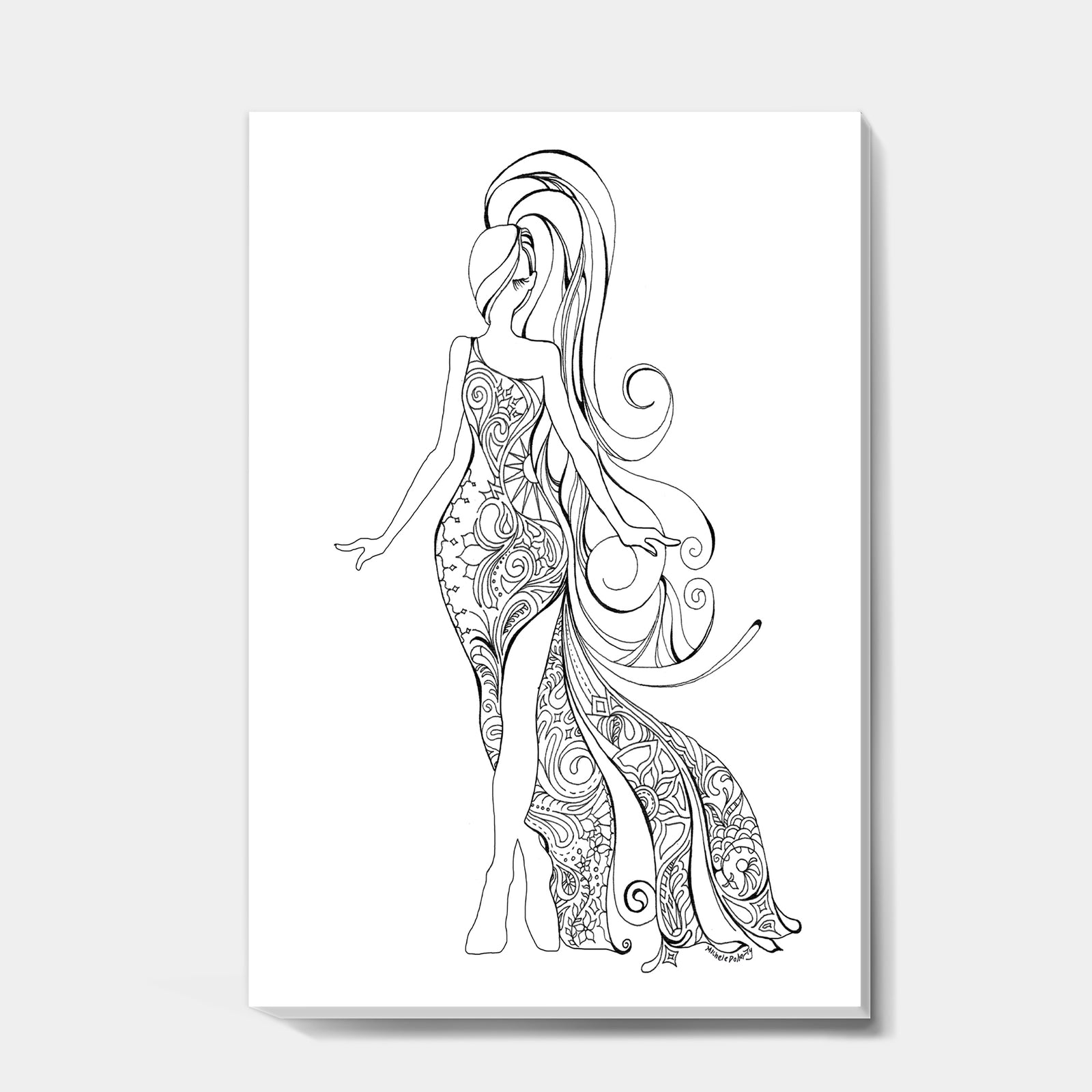 Handdrawn Stylish Woman in Beautiful Dress - Modern & Contemporary Canvas Artwork