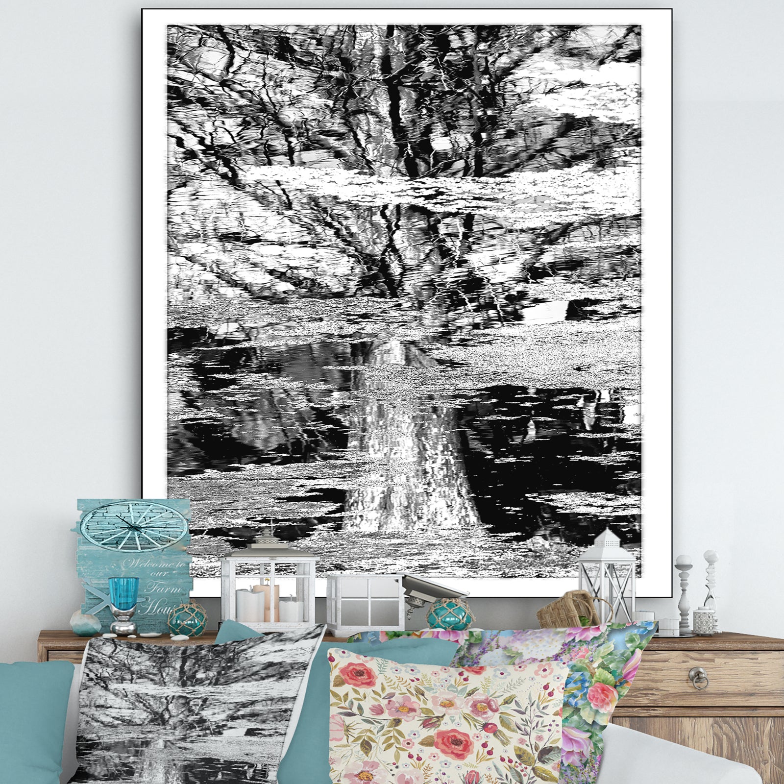 Tree In Reflection And Algea - Cottage Premium Canvas Wall Art