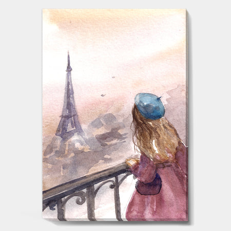 Young Paris Girl Watching Eiffel Tower - Traditional Canvas Wall Art