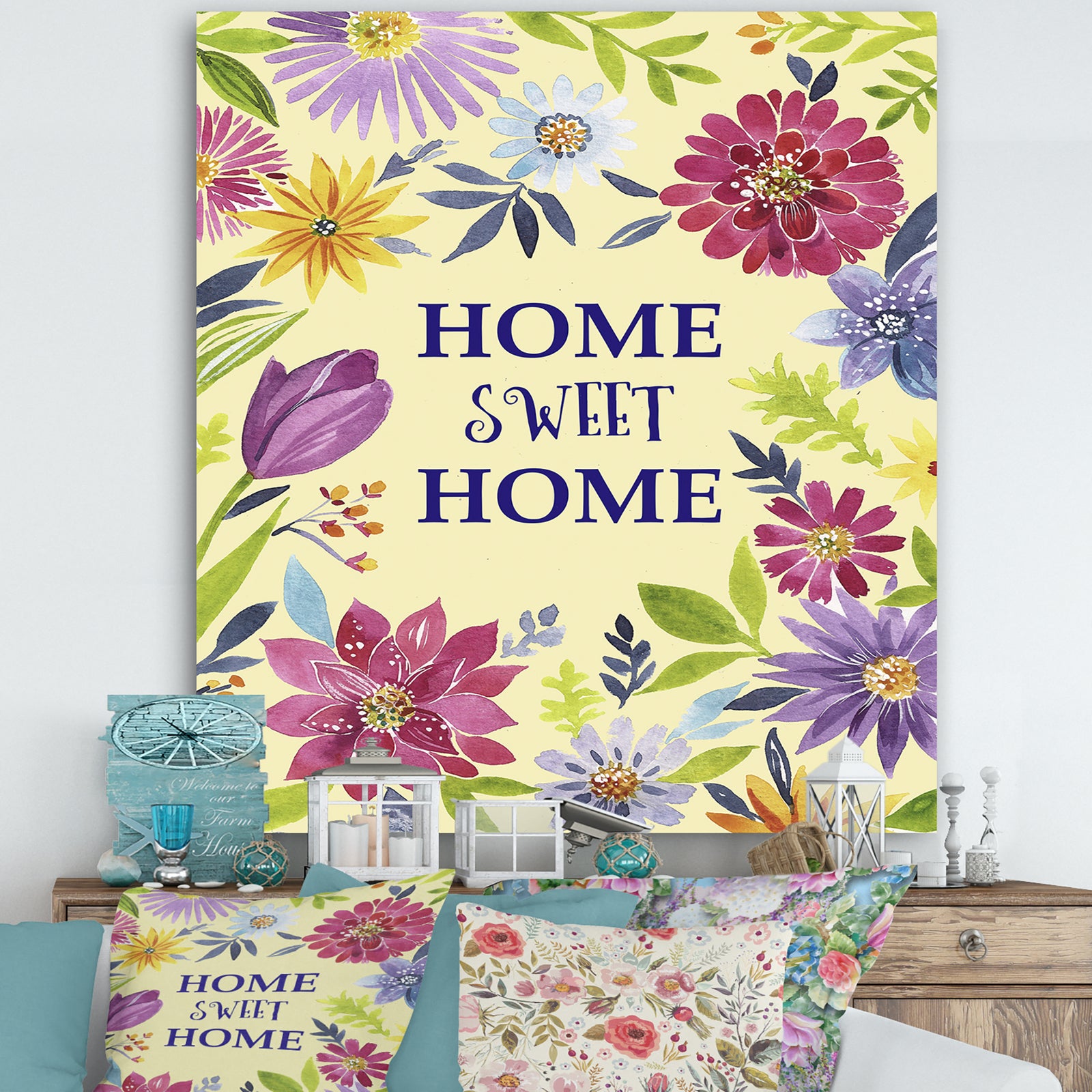 Home Sweet Home Flower Wreath - Cottage Canvas Wall Art