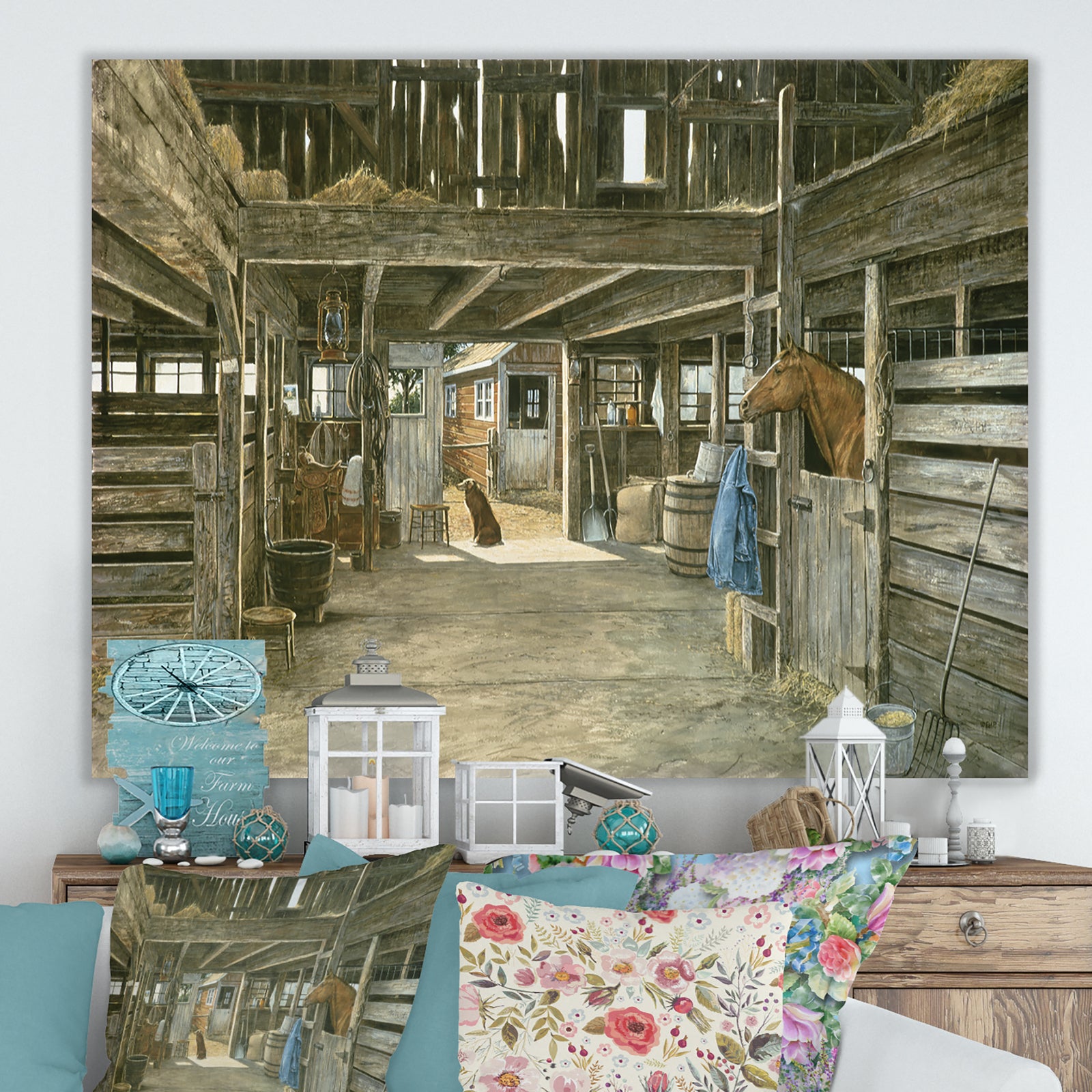 The Horse In The Barn And Dog In Doorway - Farmhouse Premium Canvas Wall Art