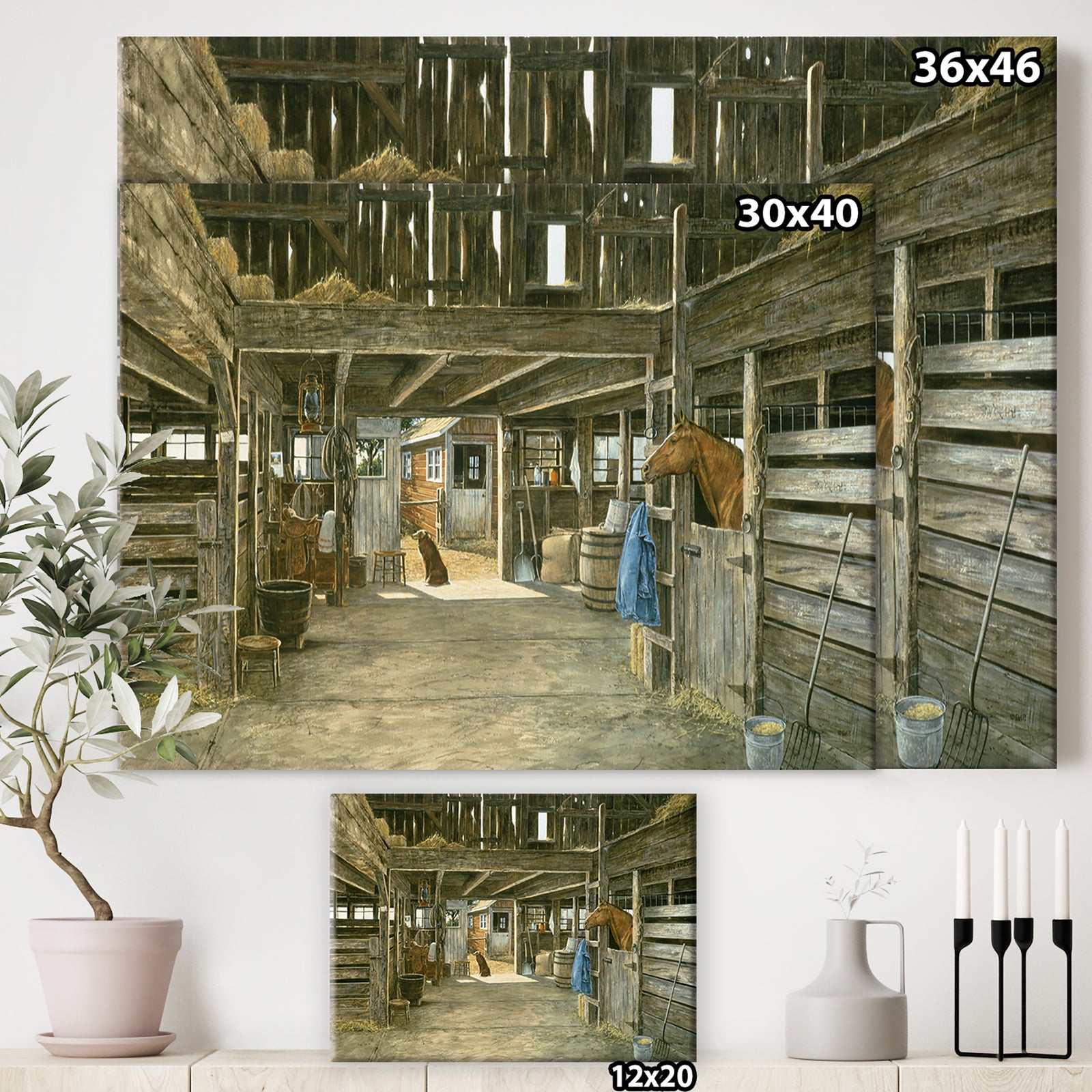 The Horse In The Barn And Dog In Doorway - Farmhouse Premium Canvas Wall Art