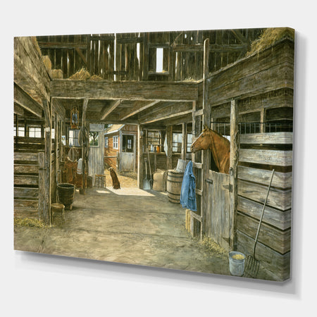 The Horse In The Barn And Dog In Doorway - Farmhouse Premium Canvas Wall Art