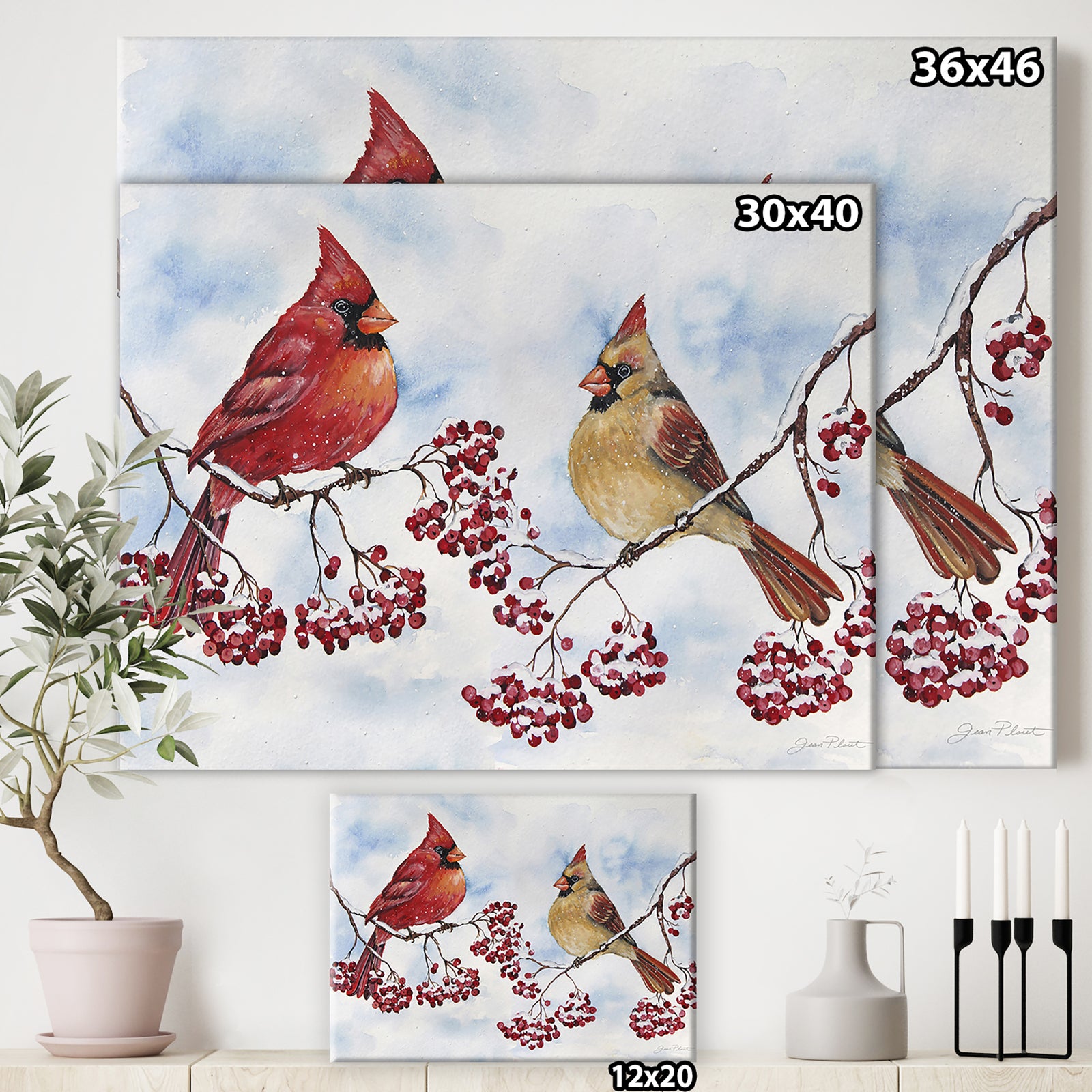 Two Cardinals And Snowy Winter Berries - Cottage Premium Canvas Wall Art