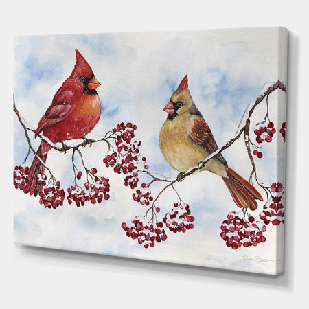 Two Cardinals And Snowy Winter Berries - Cottage Premium Canvas Wall Art