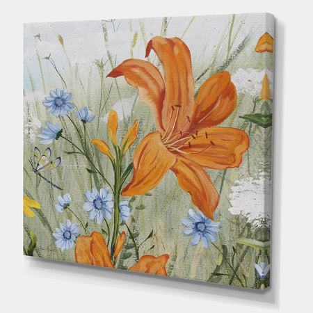 Orange Wildflowers In The Meadows I - Cottage Canvas Artwork
