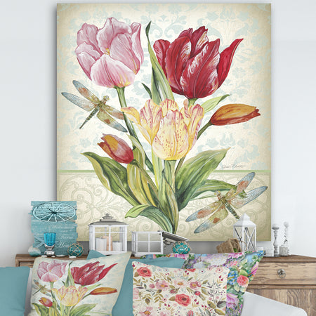 Yellow Pink And Red Tullip With Dragonflies - Cottage Premium Canvas Wall Art